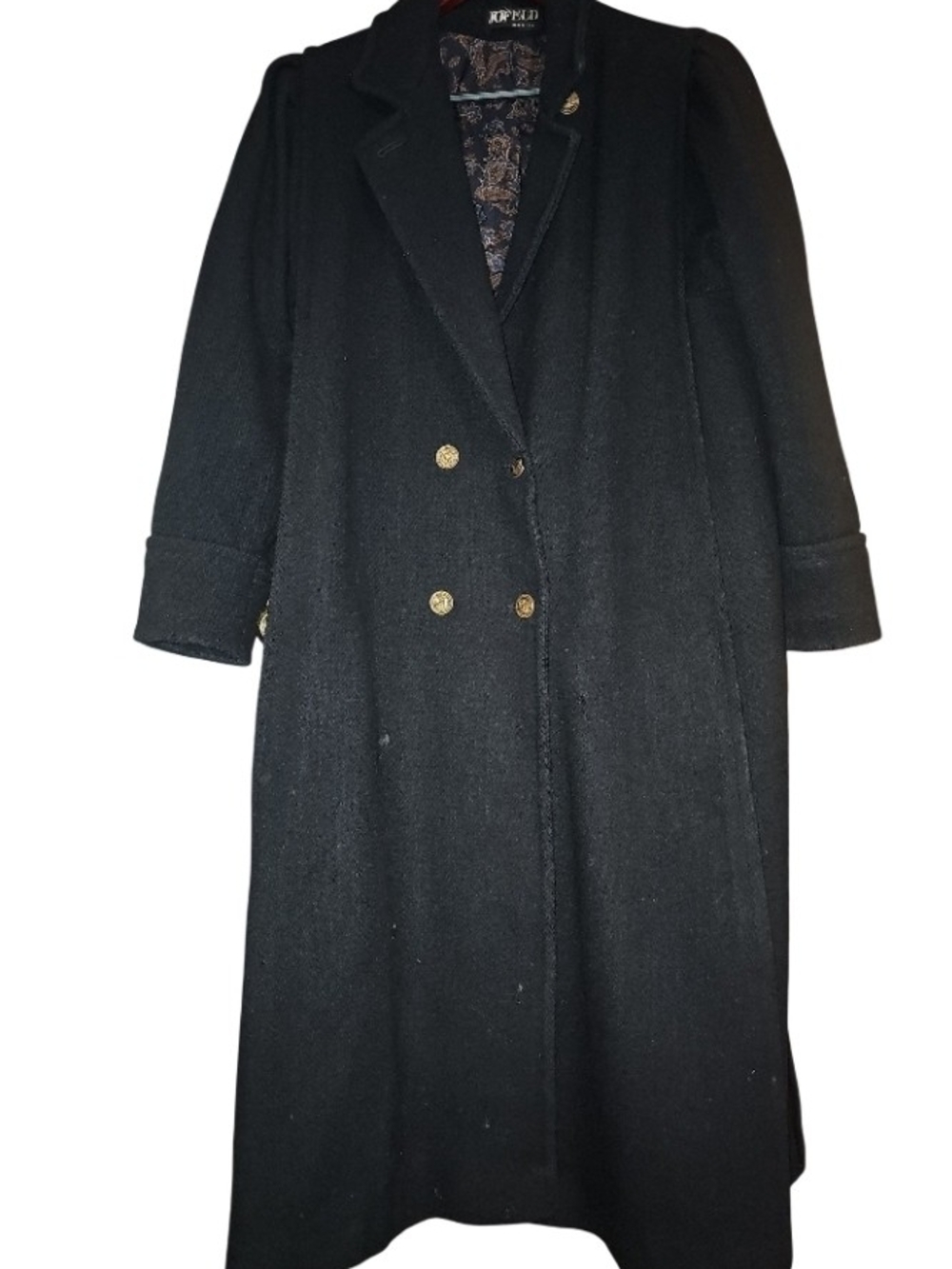JOFELD Black Double-Breasted Wool Pea Coat with Gold Buttons